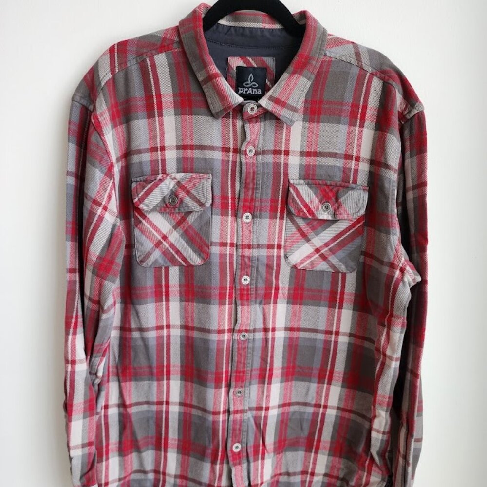 prAna Red Gray Plaid Flannel Long Sleeve Men's XL